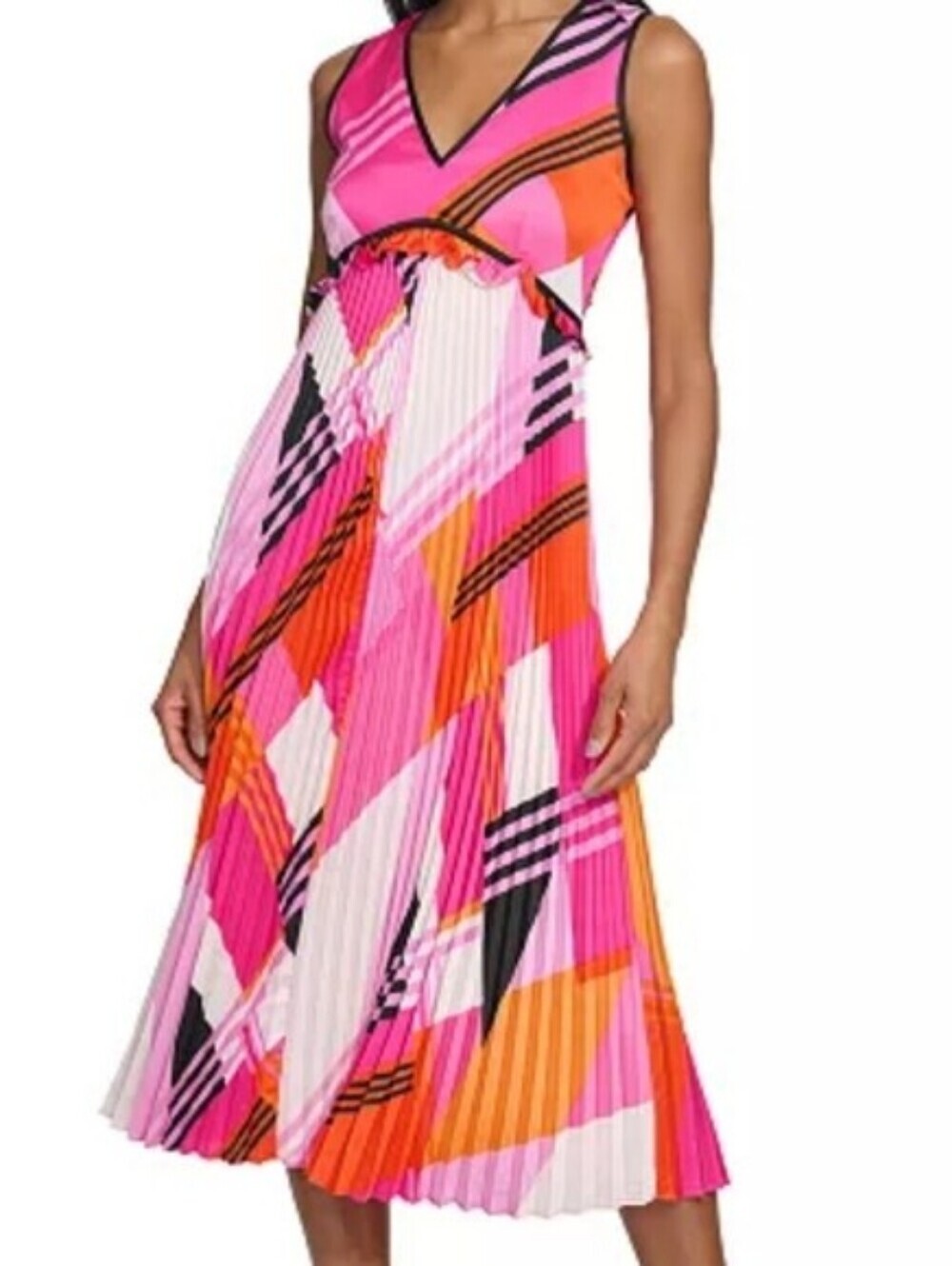 Karl Lagerfeld Pink Orange Geometric Pleated Midi Dress